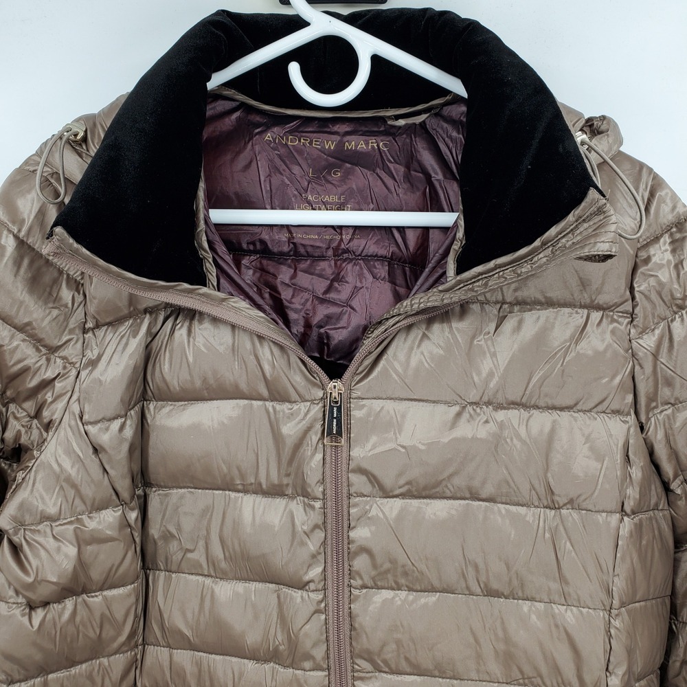 Andrew Marc Womens Packable Down Puffer Jacket Taupe Large Long Lightweight Coat - Picture 9 of 10